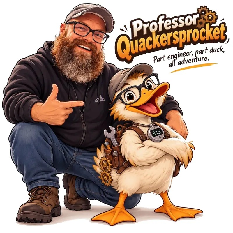 Illustration of Professor Quackersprocket: a bearded man in a cap crouching next to a cartoon duck with glasses and a tool belt